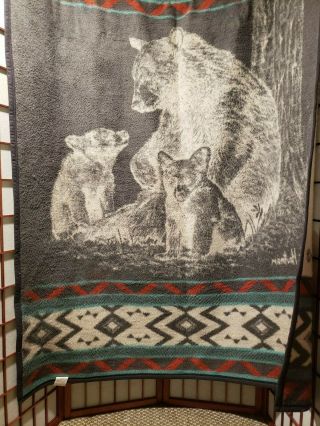 Vtg Biederlack Grizzly Bear Cubs Aztec native Throw Blanket Made in USA 77 x 52 3