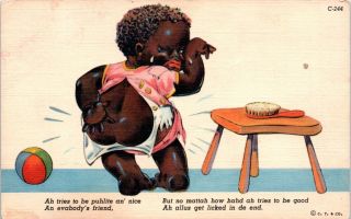 1940s Comic Postcard Curteich Chocolate Drops Series Hairbrush Black Americana