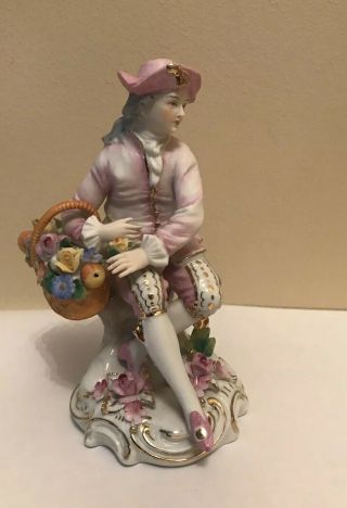 Vintage Sitzendorf Dresden Porcelain Figurine - Man With Flower Basket