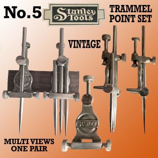 STANLEY No.  5 VINTAGE TRAMMEL SET.  NICKEL PLATED,  BOX W/4 TRAMMEL POINTS 12