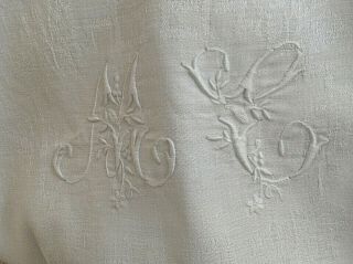 Antique/vintage French Damask Linen Tablecloth 62x81 " Greek Key Mono Mc