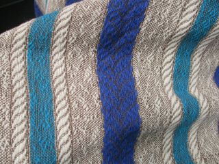 Vintage Cotton Camp Bedspread Tan Blue Turquoise Vertical Stripe 80 " X 96 "