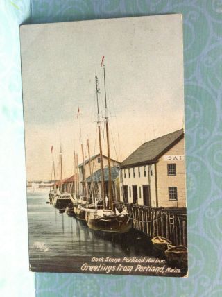 Boats Dock Portland Harbor Maine Cumberland Co Antique Vtg Postcard Posted 1907