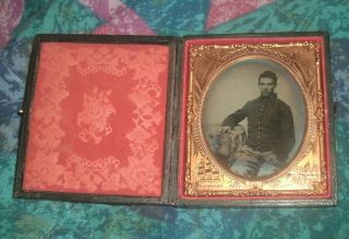 Cased 1/6 Plate Ambrotype Of A Seated Soldier,  With A Patriotic Mat