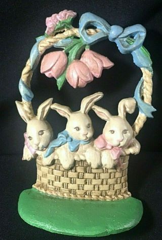 Vtg Cast Iron Figural Doorstop White Basket With Bunnies Pink Tulips Ribbon 8 "