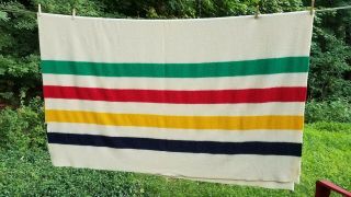 Vintage 4 Point HUDSON ' S BAY BLANKET 100 Wool Striped 90x72 Made in England 2