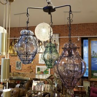 Italian Caged Glass Hanging Lamp Metal Triple 3 Globe Mid Century Light Swag