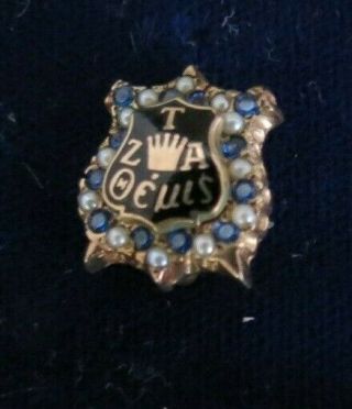 Zeta Tau Alpha Sorority Pin / Badge - 10k Gold Shield Pin With Pearls & Sapphires