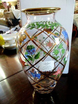 Lenox Hand - Painted Flowers And Butterflies Glass Vase 9 1/2 " W Tag