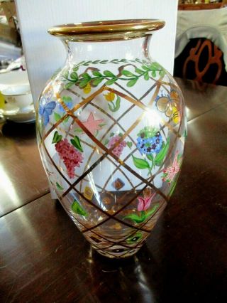 LENOX HAND - PAINTED FLOWERS AND BUTTERFLIES GLASS VASE 9 1/2 