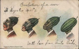 1906 Evolution of a Coon.  No.  2 Black man ' s head reverting to a watermelon.  Gibs 2