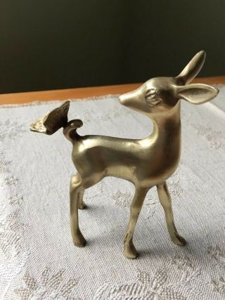 Rare Vintage Brass Bambi With Butterfly Fawn Deer Figurine Statue Sculpture