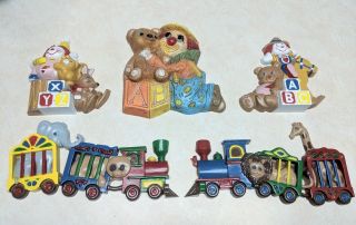 5 Vintage Kids Nursery Circus Train Wall Plaques Clowns Teddy Bears Abc Blocks