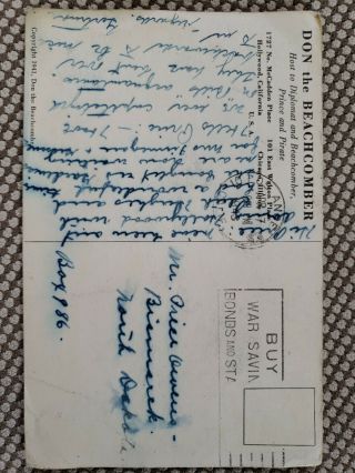 Vintage Advertizing Postcard Don Beachcomber Hosts Diplomat/Pirate Calif.  WWII 2
