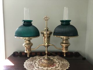 Pair Victorian Narrow Straight Ribbed Cased Green Student Lamp Shade 10 " Fitter
