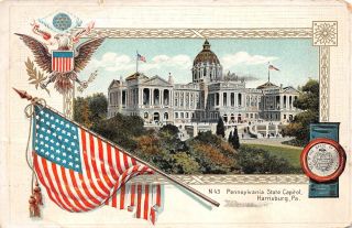 C21 - 9213,  Pennsylvania State Capital Harrisburg Usa Flag.  Postcard.