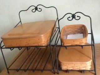 Longaberger Paper Tray Basket Set,  Little Bin Basket Set W/ Wrought Iron Stands