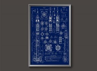 Soviet Soyuz Vintage Russian Rocket Blueprint Plans Ussr Poster Space Cosmonaut