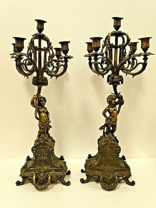 French Baroque Figural Statue Putti Ornate Footed Candelabras Candlesticks
