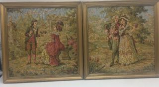 Vintage Hand Stitched Embroidered Italian Tapestry Pair Framed Embroidery