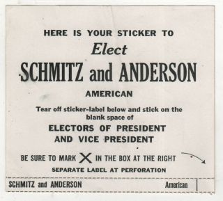 1972 John Schmitz Anderson American Party President Political Sticker Decal
