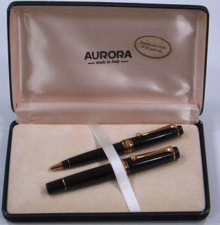 Aurora Optima Black With Gold Plated 18k Trim Fountain Pen Set Made In Italy