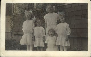 Rppc 5 Young Girls White Dresses Blue Bows Red Lips Hand Tinted 1904 - 1920s Photo
