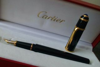 Cartier Diabolo Large Black Resin W/ Gold Trim & Blue Cabochon Fountain Pen