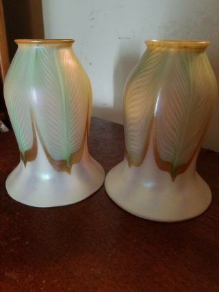 Matching Pair Antique Quezal Pulled Feather Lamp Light Shades