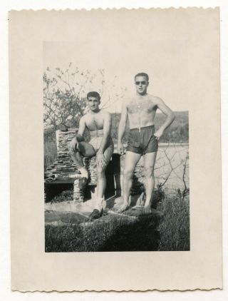 29 Vintage Photo Hairy Beefcake Swimsuit Buddy Boys Men Lake Snapshot Gay