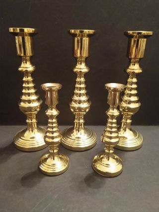 Set Of 5 Baldwin Polished Brass Beehive Design Candlesticks,  7.  5 " And 5 " Tall