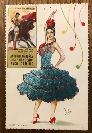Postcard Embroidered Dress - Cartel De Toros Artist Signed Elsi Madrid Spain