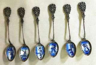 6 Enamel 5 - Inch Collector Spoon Set Dutch Art Czechoslovakia.