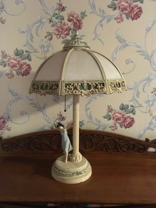 1920s Art Nouveau Table Lamp W/ Slag Glass Shade