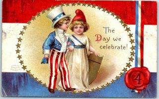 Vintage Artist - Signed Clapsaddle Fourth Of July Postcard " The Day We Celebrate "