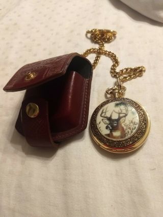 Franklin Pocket Watch W/deer On Front,  W/case And Chain