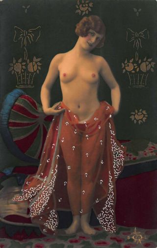 French Naked Nude Woman Lady Risque Hand Tinted Photo Postcard (16)