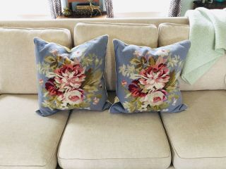 Two 2 Needlepoint Pillows Roses Floral 20 " Velvet Backing No Inserts