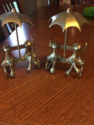 A Brass Frogs On A Bench With An Umbrella Mcm Mid Century Modern