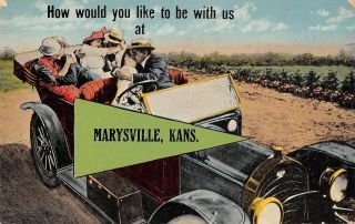 Marysville Kansas Joyriding Vintage Auto Couples 1908 Pennant Postcard
