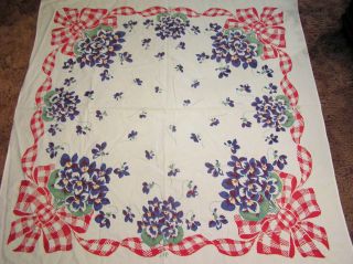 Vtg Tablecloth Blue Violets And Red Plaid Ribbon Bows Wow 1950s