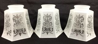 3 Vtg Art Deco Frosted Etched Glass Shades Fan Chandelier Sconce Hexagon 2 1/8 "