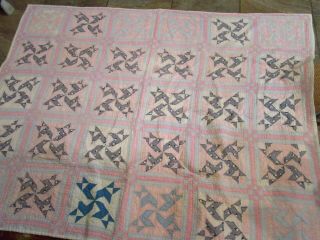 Vintage Hand Stitched Quilt - 62 X 77 Pink / Blue Variation Of Windmill Pattern