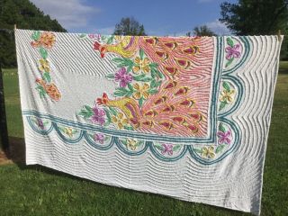 Lovely Vintage Cottage Chenille Bedspread Brightly Colored Double Peacock