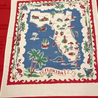 Vintage Florida Linen Tablecloth,  Souvenir 32 " X 38 ",  Early 50 