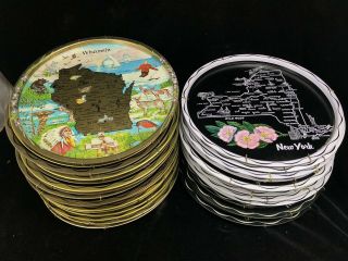 Vintage United States Tin Plates 29pcs Wall Hanging State Flowers,  Map Tray Art