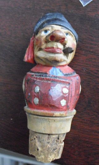 Vintage Wood Sailor Man With Pipe Bottle Stopper