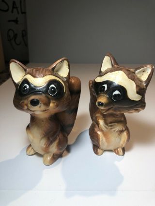 Vintage 1960’s Raccoon Salt And Pepper Shakers Japan Tall 5 Inch Retro