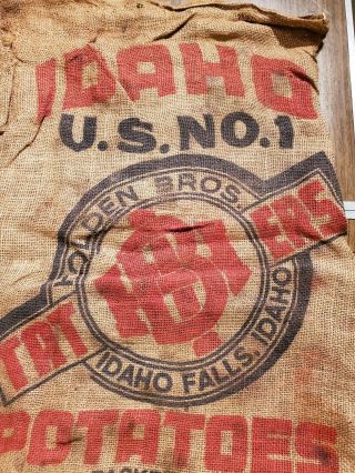 Vintage Burlap Sack Holden Bros Potatoes Idaho Falls Idaho 100 Lbs Feed Farm Bag