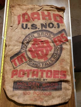 Vintage Burlap Sack Holden Bros Potatoes Idaho Falls Idaho 100 lbs Feed Farm Bag 3